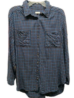 Anthropologie Pilcro Navy Plaid Button-Down Shirt with Red Grid XL Womens